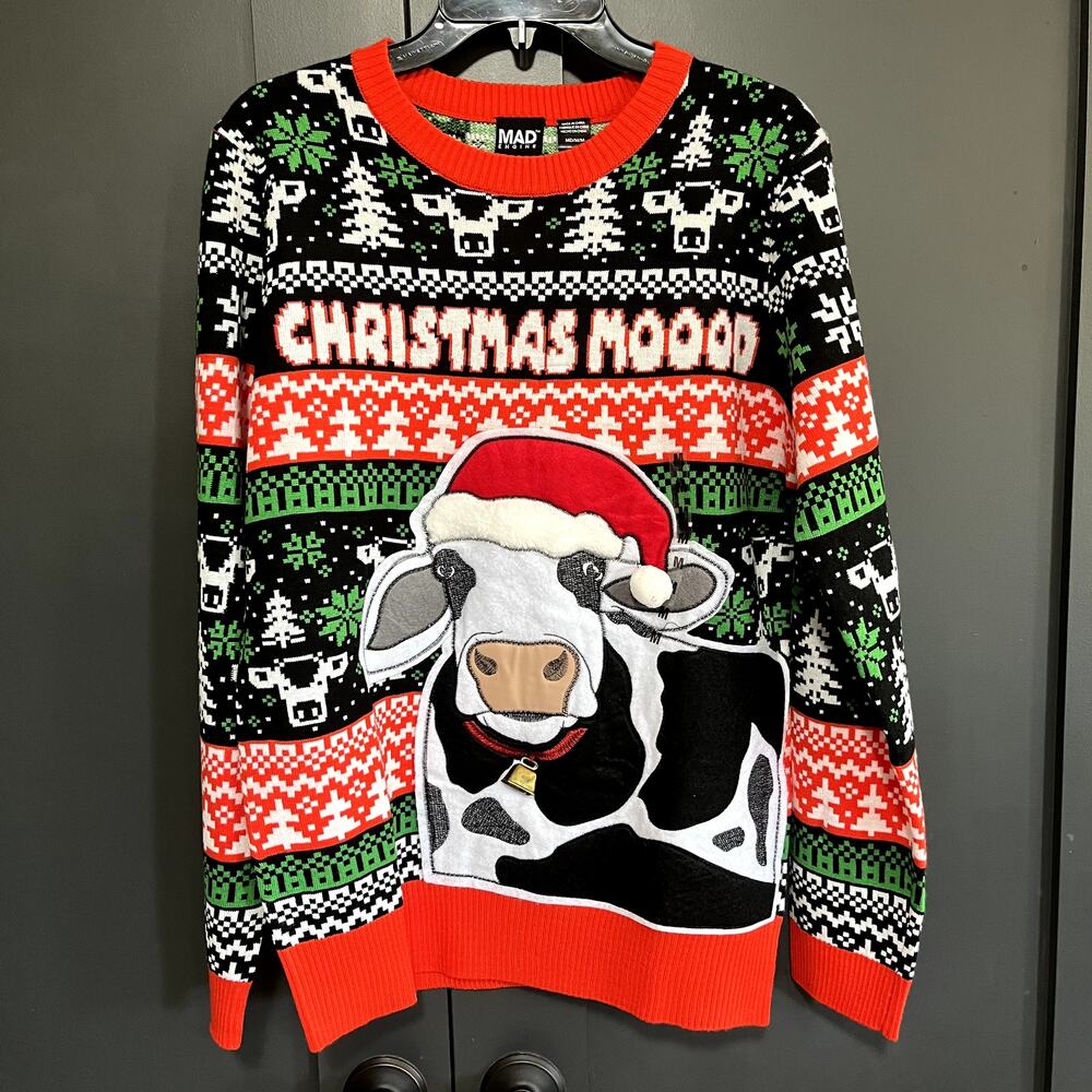 Mad Engine Ugly Christmas Moo Sweater Crewneck Cow Bell Fair Isle  Mens M NWT